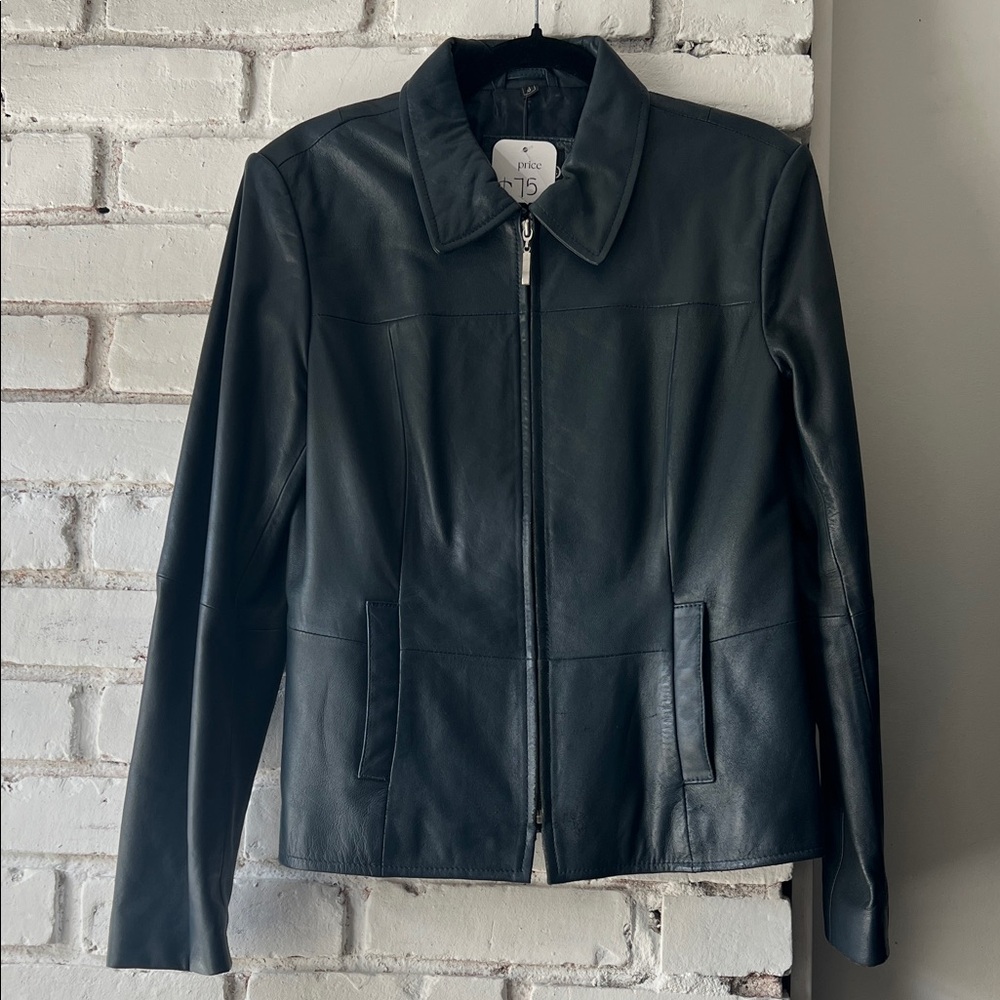 Women's dark grey /blue Leather Zip-Front collared Jacket